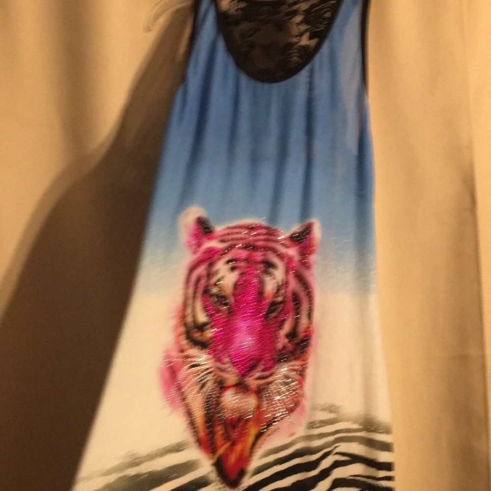 Bedazzled Women's Blue and Pink Tiger Graphic Top Racer Back With Lace - Picture 3 of 8